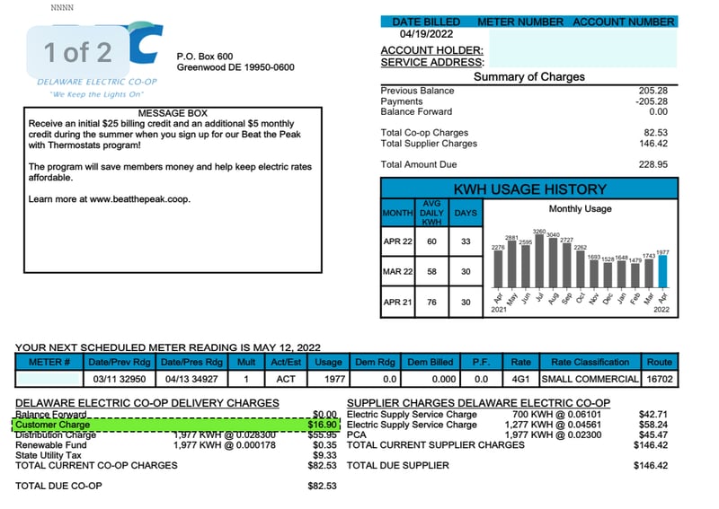 Delaware Electric Co-op bill highlighting charges and a Customer Charge of $16.90