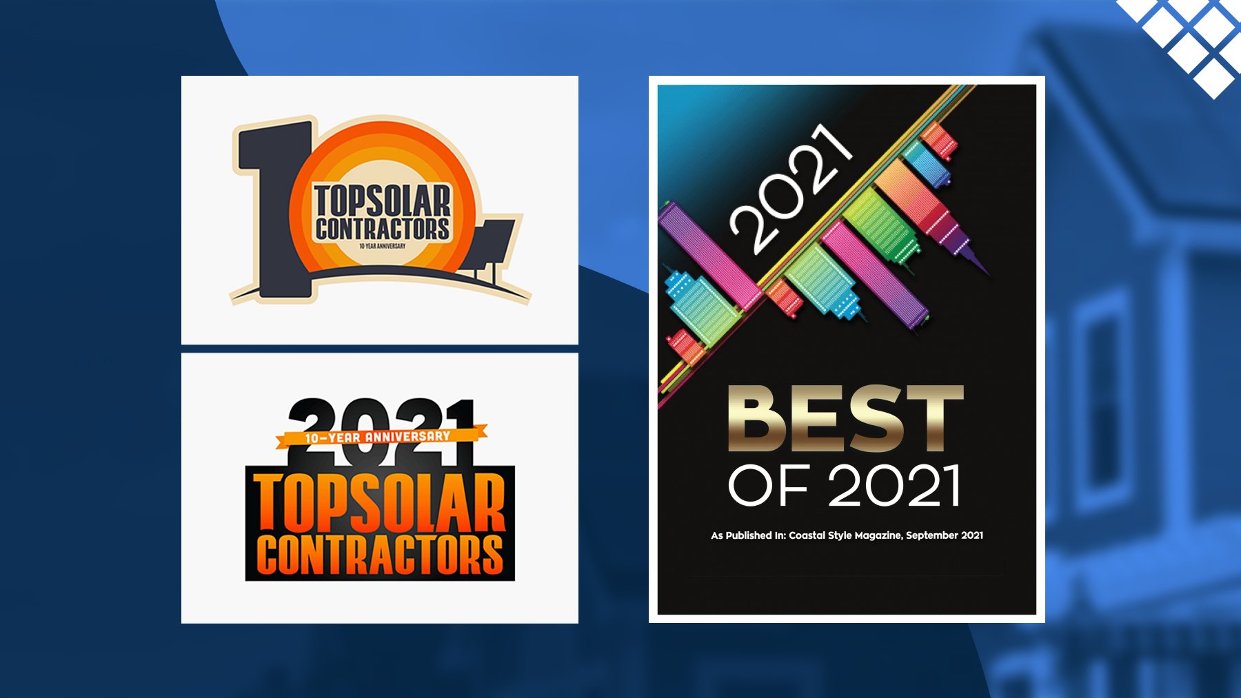 2021 BEST of 2021 award and top solar contractors for 2021 on top of blurred image