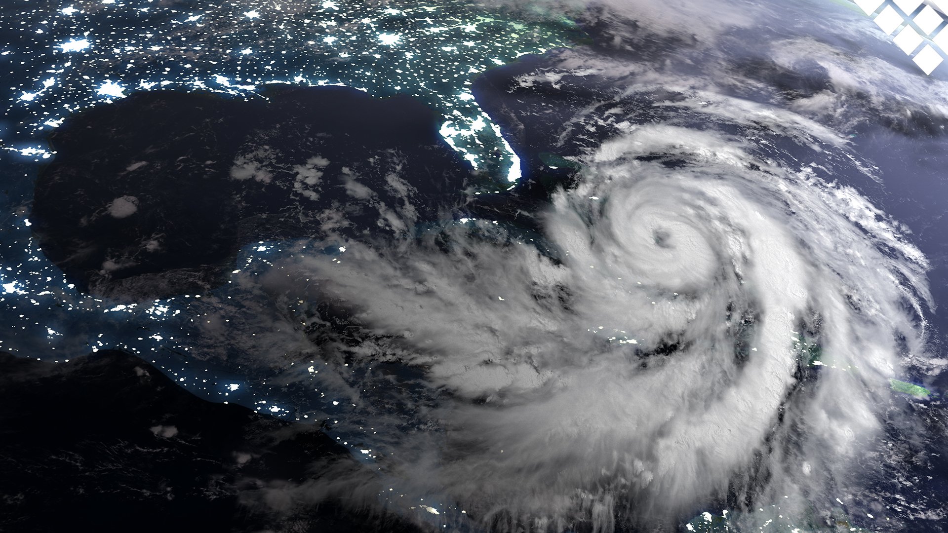 Birds Eye view of north america with florida in the forefront with weather map showing hurricane