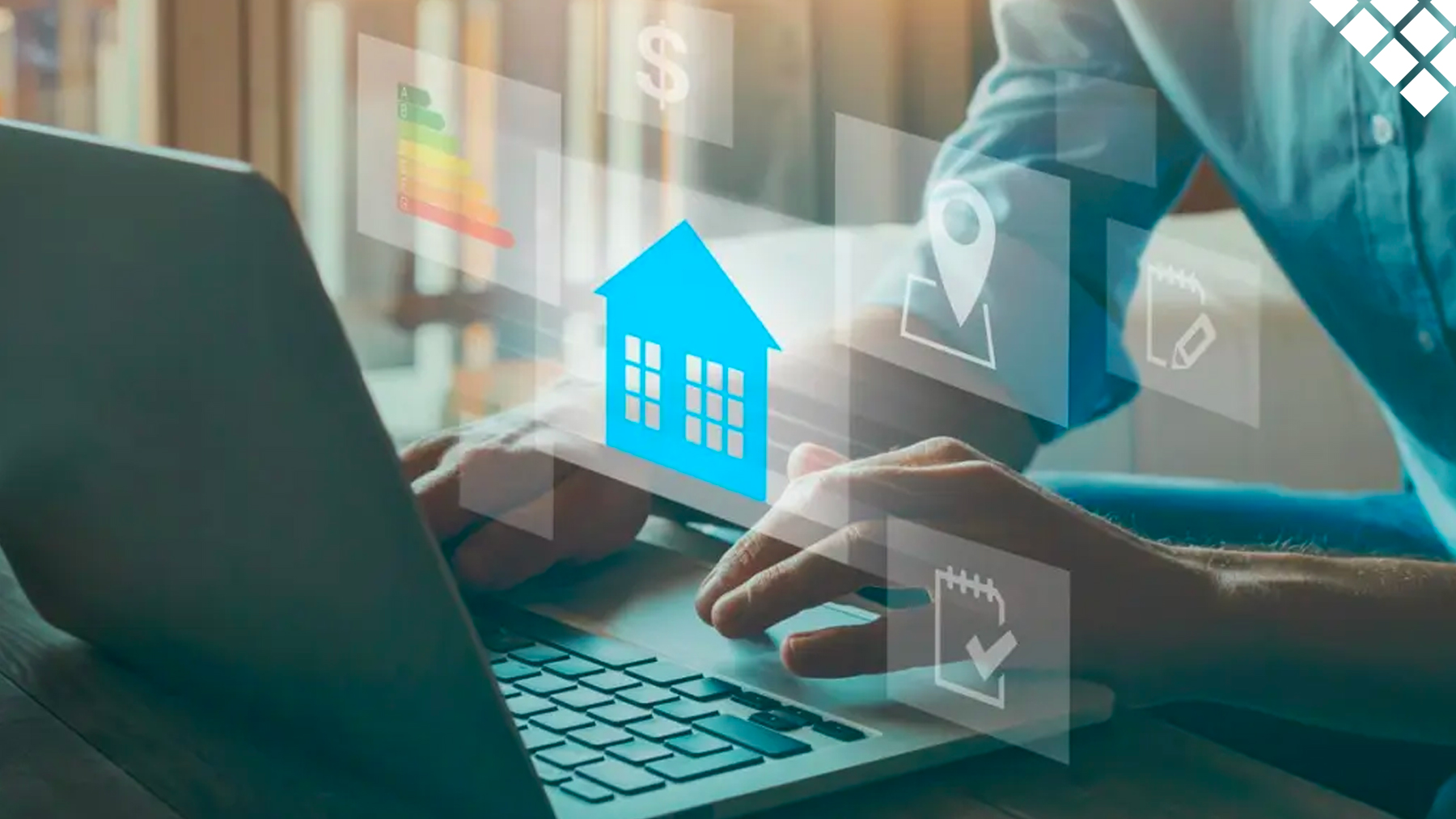 Man on laptop with icons floating and blue house icon in middle