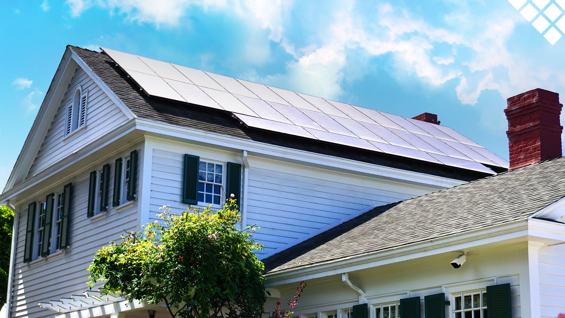 Residential home with solar panels and a bright sunny sky with clouds